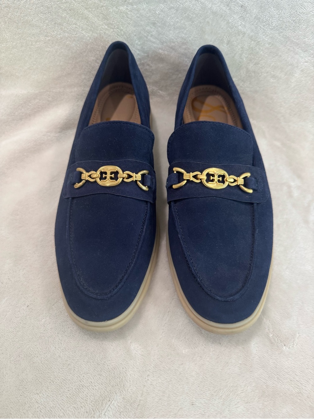 Women’s Sam Edelman Navy Suede Loafers with Gold Chain Detail- 8.5